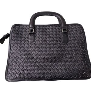 Woven Leather Briefcase Handbag - Black